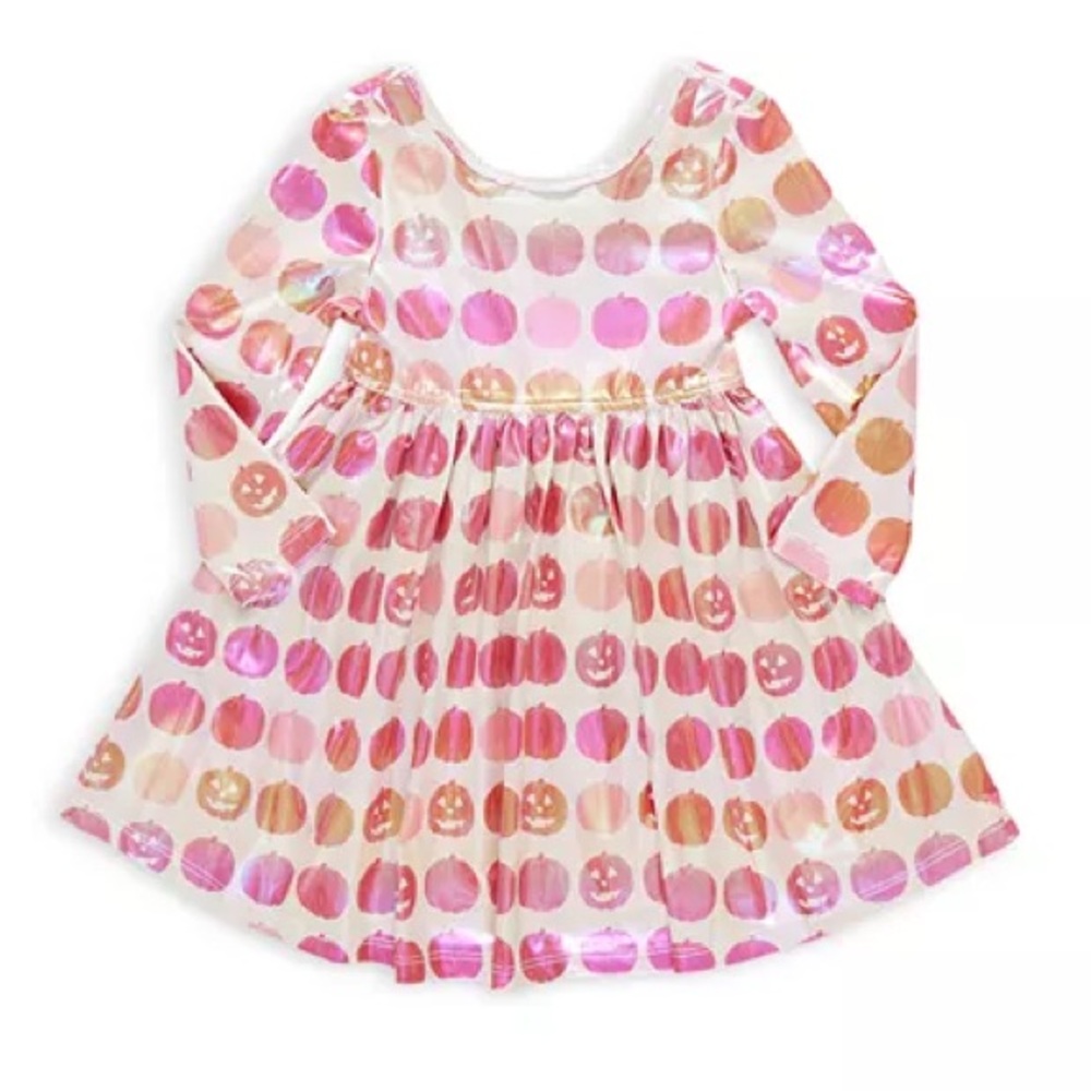 New - Pink Chicken Girls' Steph Pumpkins Print Lamé Dress